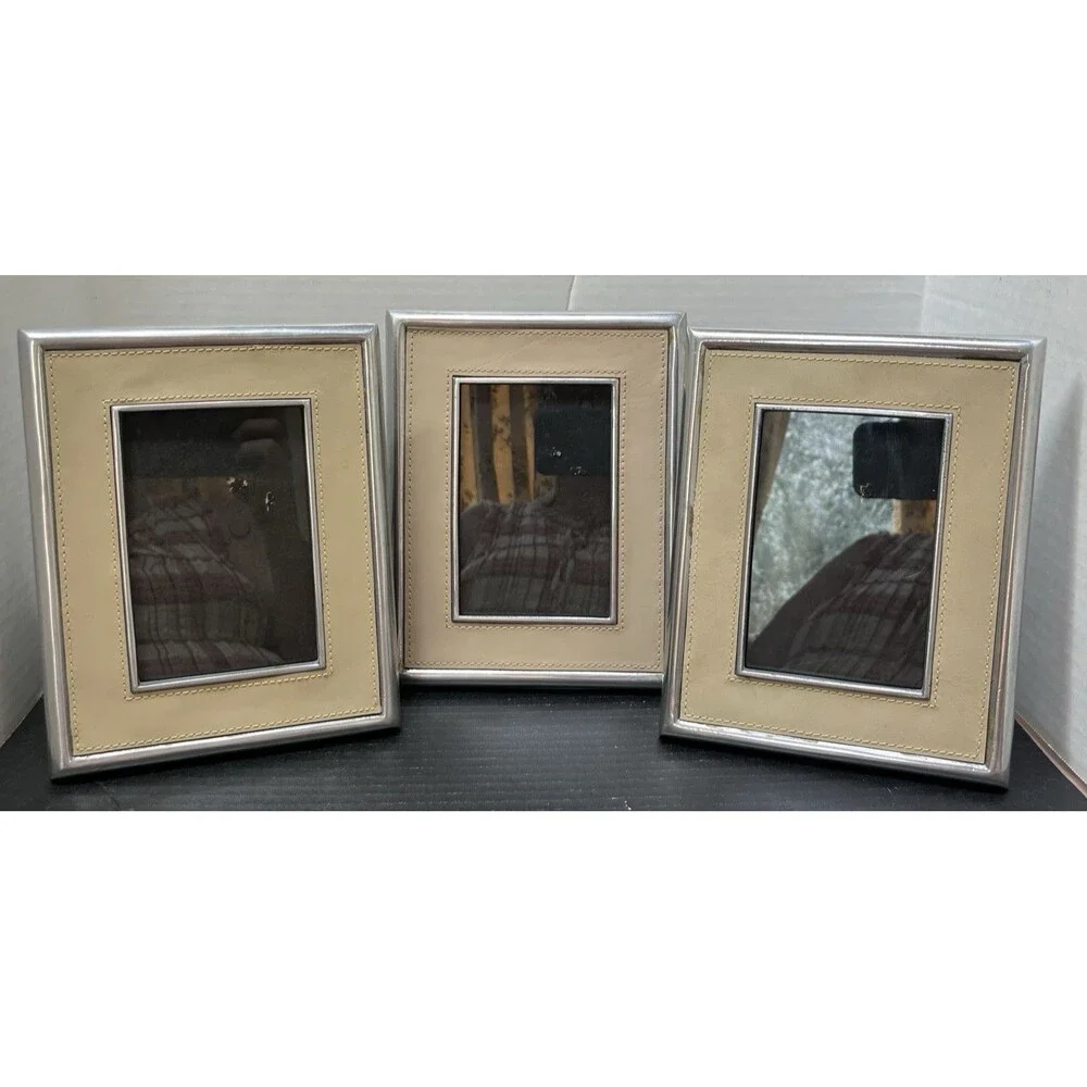 Three Contemporary Luxe Stitched Leather & Brushed Silver Picture Frame 4 x 6